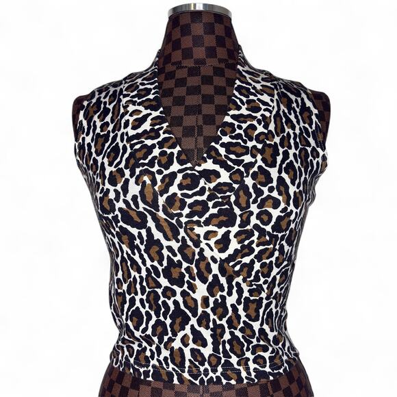 Y2K Leopard Print Halter Top Stretch Knit Sleeveless Clubwear 90s 2000s S/M - Picture 1 of 8
